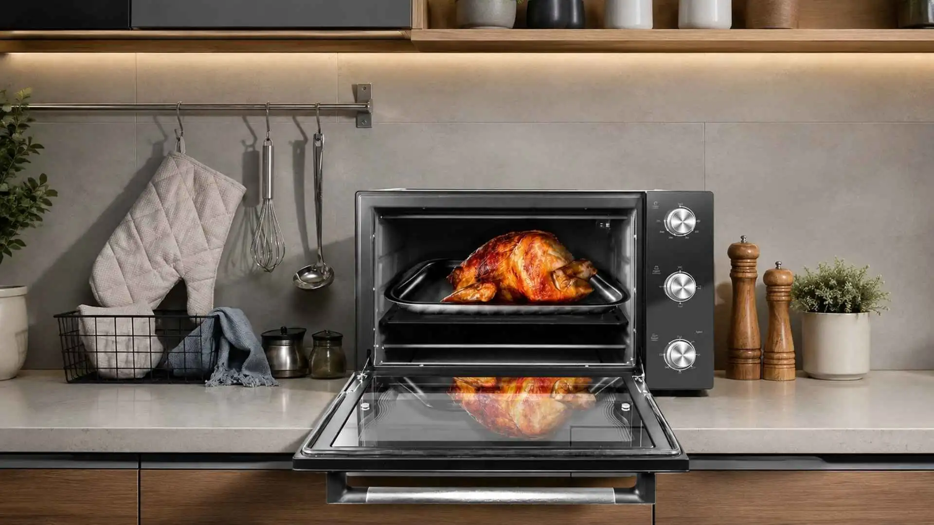 Forno elétrico Philco 50L Full Glass PFE50PE aberto com frango assado sobre a bancada da cozinha