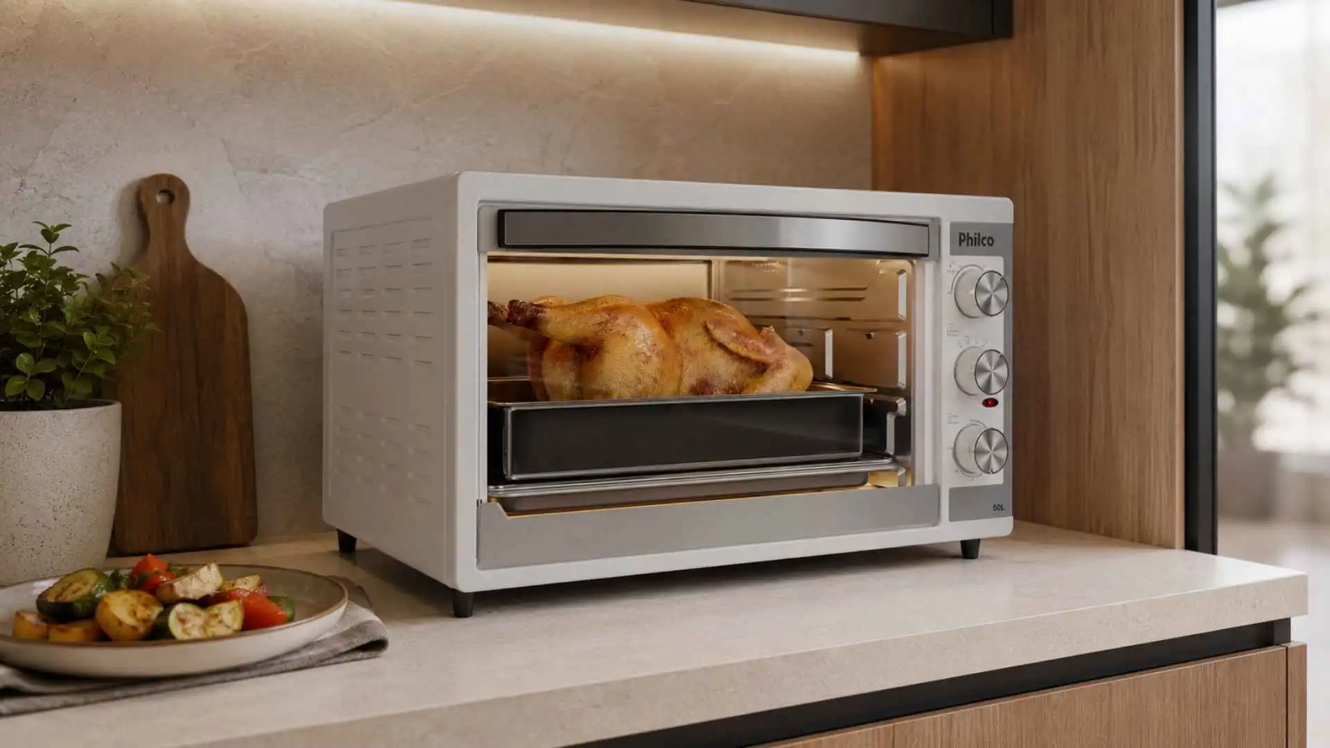Forno Elétrico Philco 50L PFE52B Branco de bancada ligado assando frango na cozinha