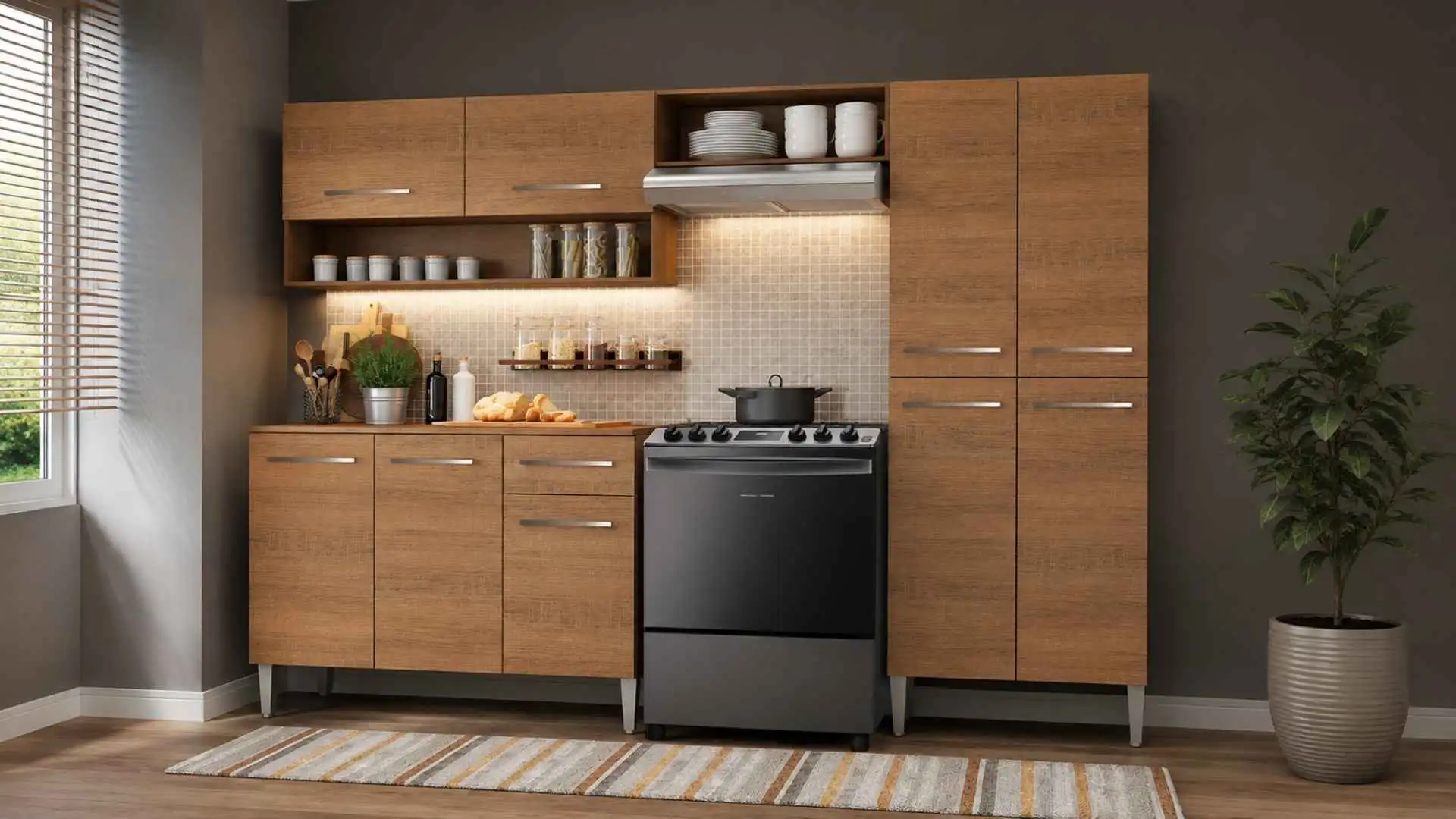 Armário de Cozinha Compacta Emilly Pop Madesa 02 com acabamento amadeirado Rustic e 3 módulos montados na cozinha