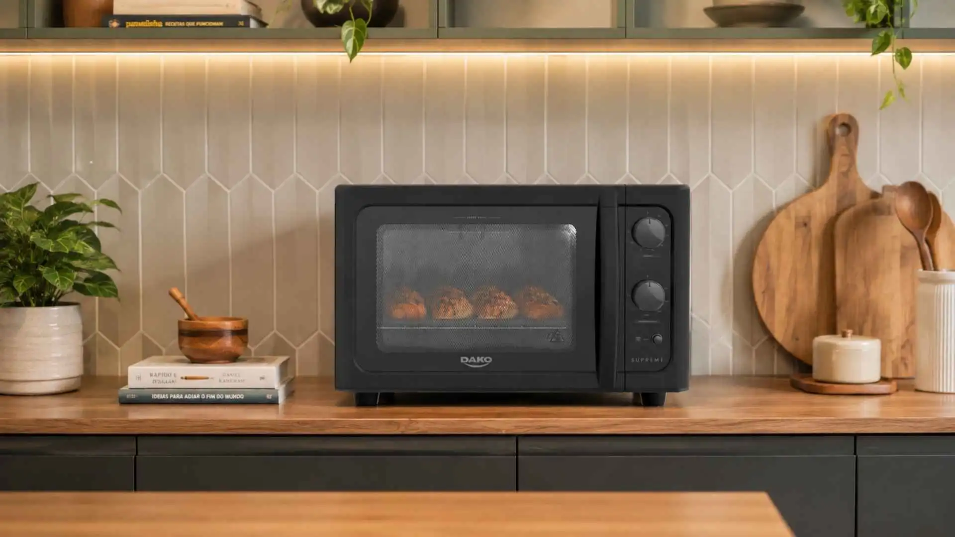 Forno elétrico de bancada Dako Supreme preto de 44 litros posicionado em uma bancada de cozinha decorada