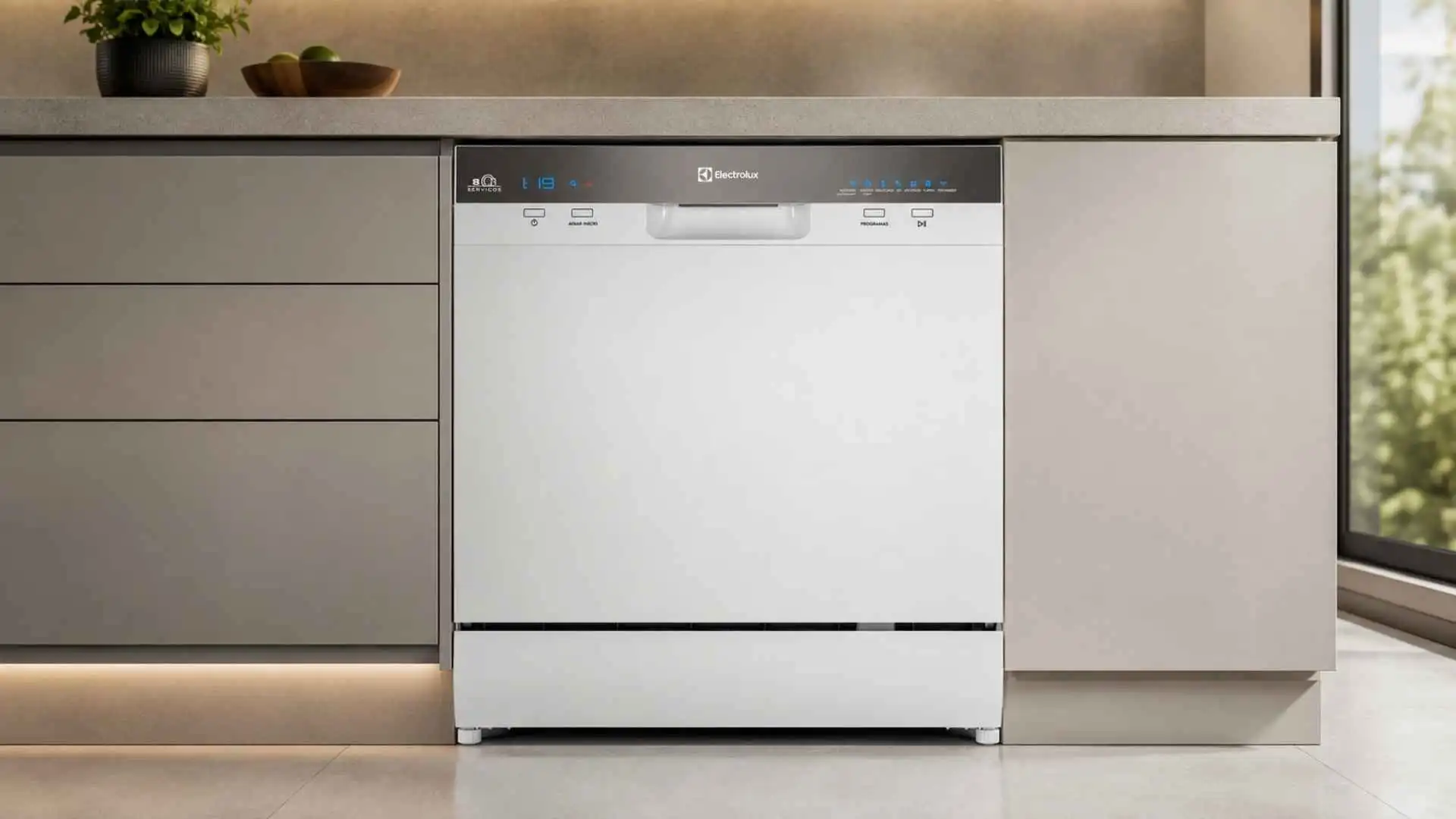 Lava-Louças Electrolux 8 Serviços LL08B branca instalada sob a bancada em uma cozinha planejada moderna