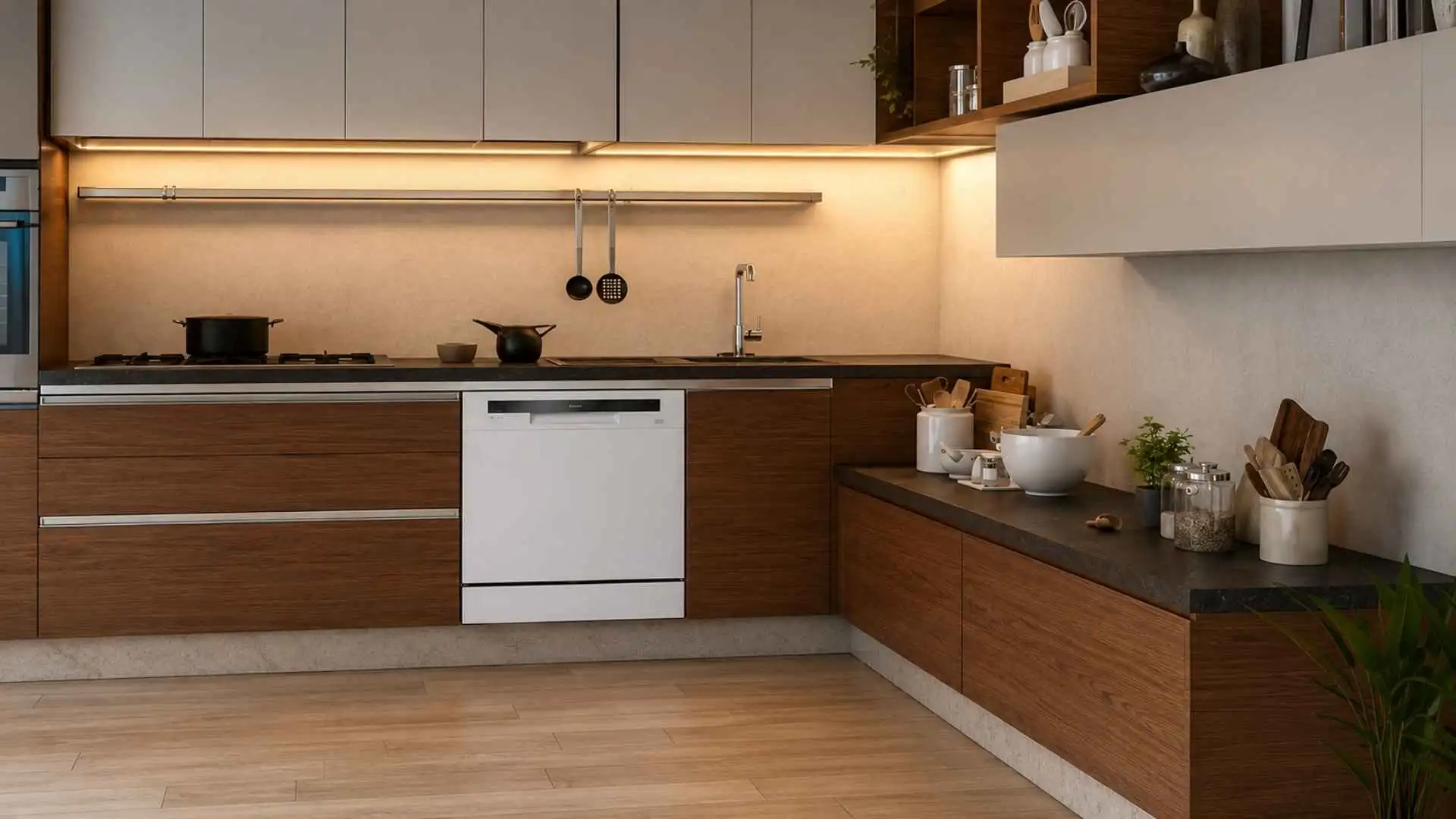 Lava-louças Midea 8 Serviços branca instalada sob a bancada em uma cozinha planejada moderna