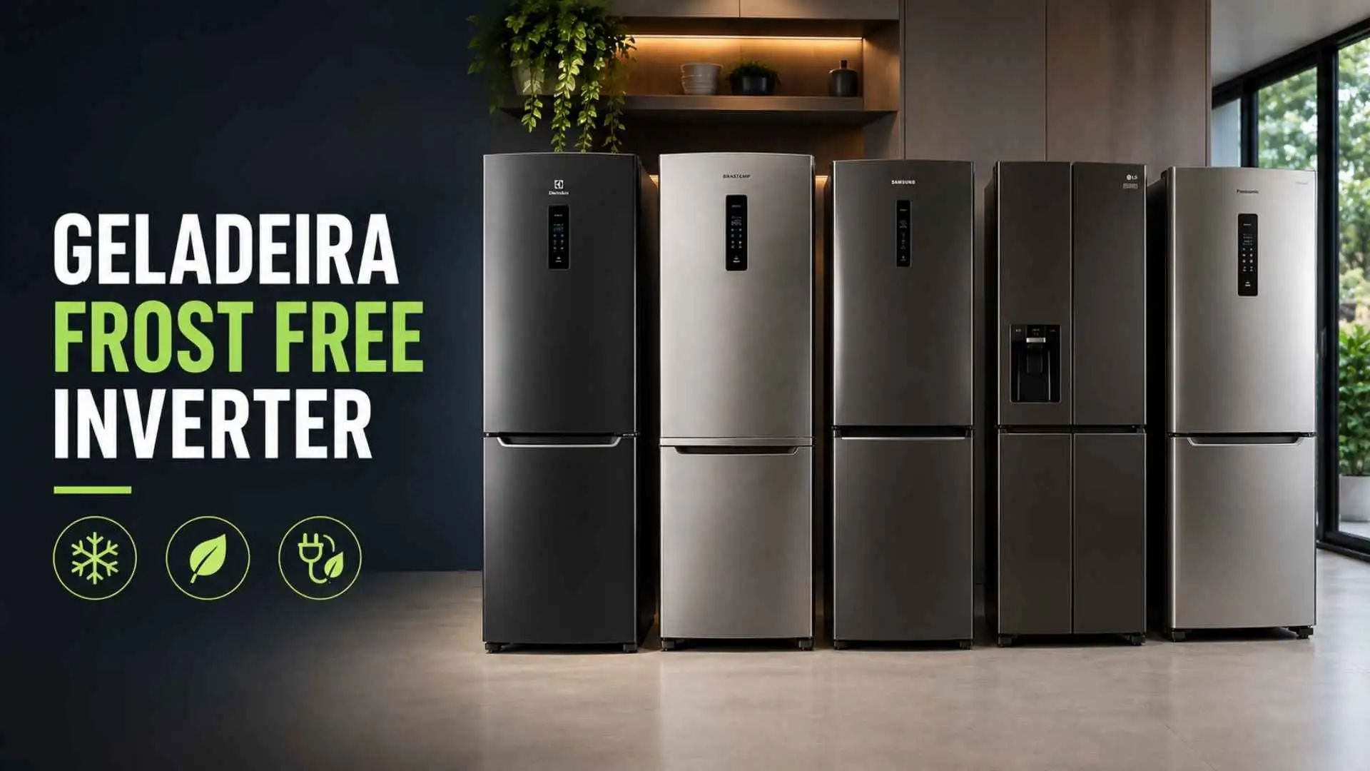 Cinco modelos de geladeira frost free inverter grandes e modernas alinhadas em uma cozinha elegante com iluminação embutida