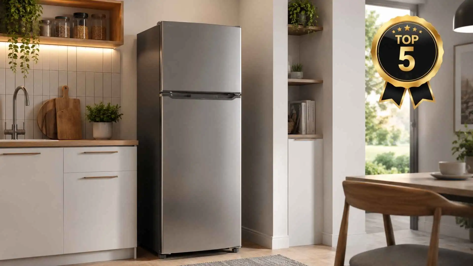 Geladeira pequena duplex em inox em uma cozinha compacta e iluminada com um selo dourado de Top 5