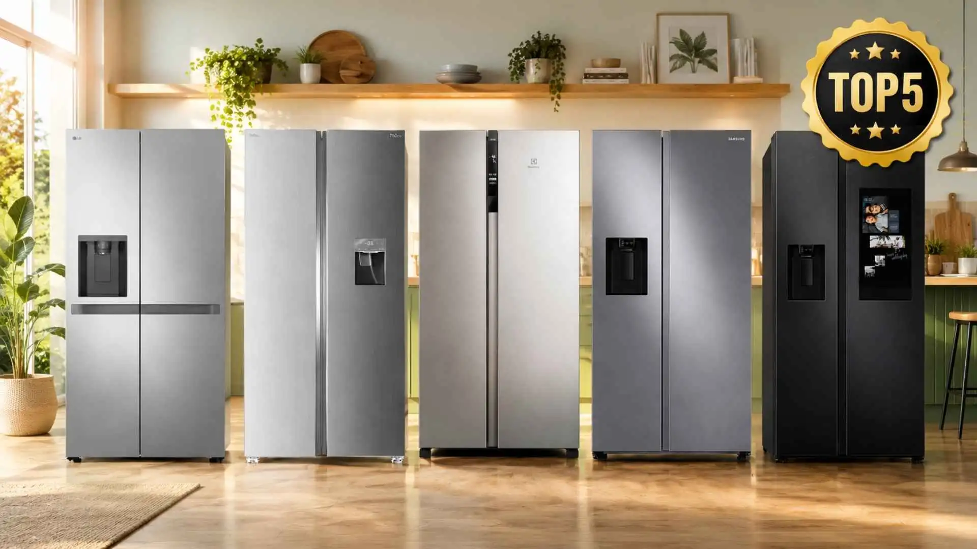Cinco modelos modernos de geladeiras Side by Side alinhados lado a lado em uma cozinha planejada e iluminada, com um selo dourado de Top 5 no canto superior