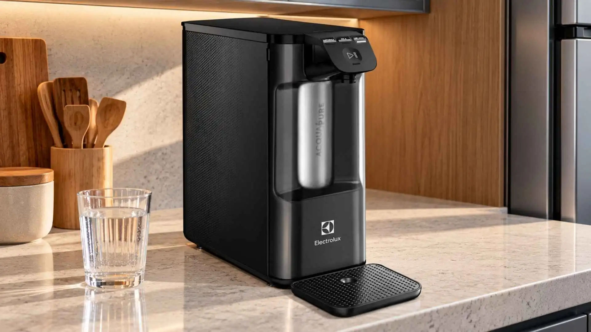 Purificador de Água Electrolux PE12G grafite instalado sobre a bancada da cozinha moderna