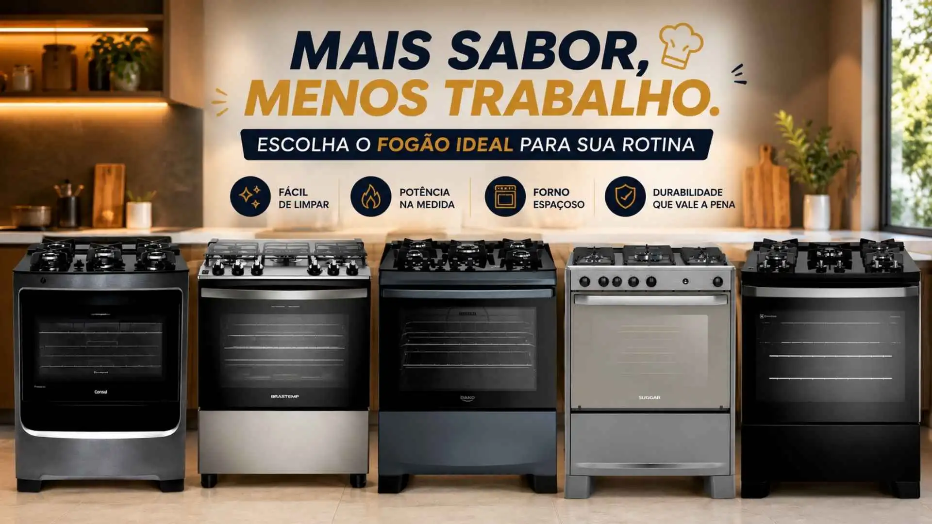Infográfico comparativo exibindo os melhores modelos de fogão 5 bocas das marcas Consul, Brastemp, Dako, Suggar e Electrolux alinhados em uma cozinha moderna