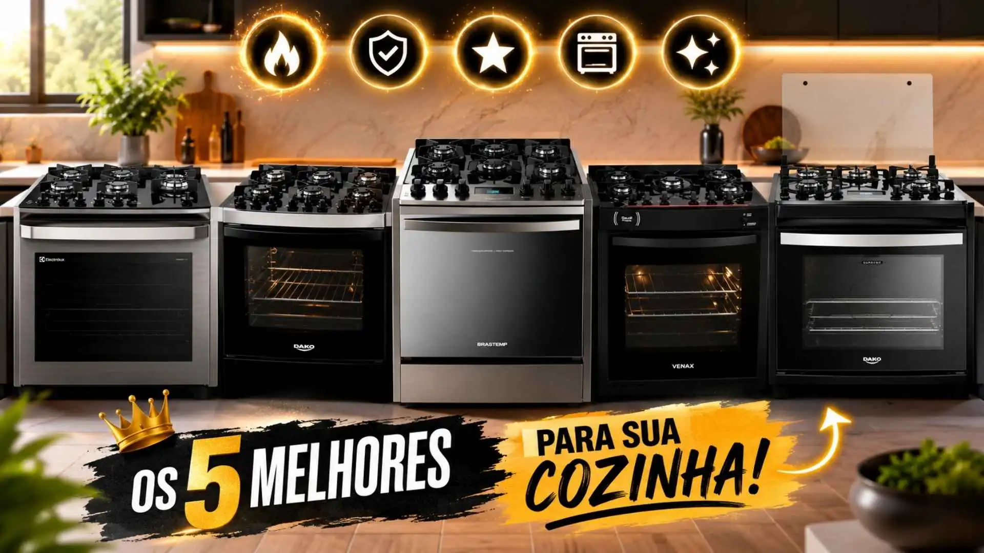 Cinco modelos de fogão de embutir 5 bocas alinhados em uma cozinha moderna