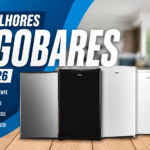 Comparativo com os cinco modelos selecionados como o melhor frigobar em 2026, mostrando aparelhos das marcas Midea, Philco, Hisense e EOS lado a lado