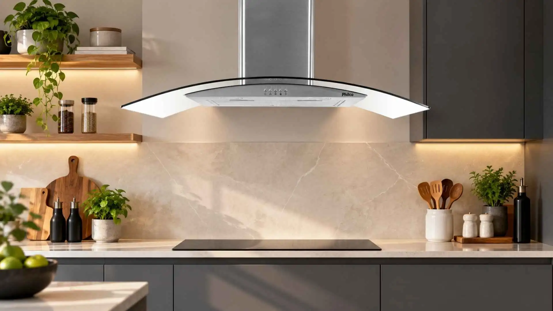 Coifa de parede Philco PCO90G 90cm em aço inox e vidro curvo instalada em bancada de cozinha moderna com iluminação LED acesa
