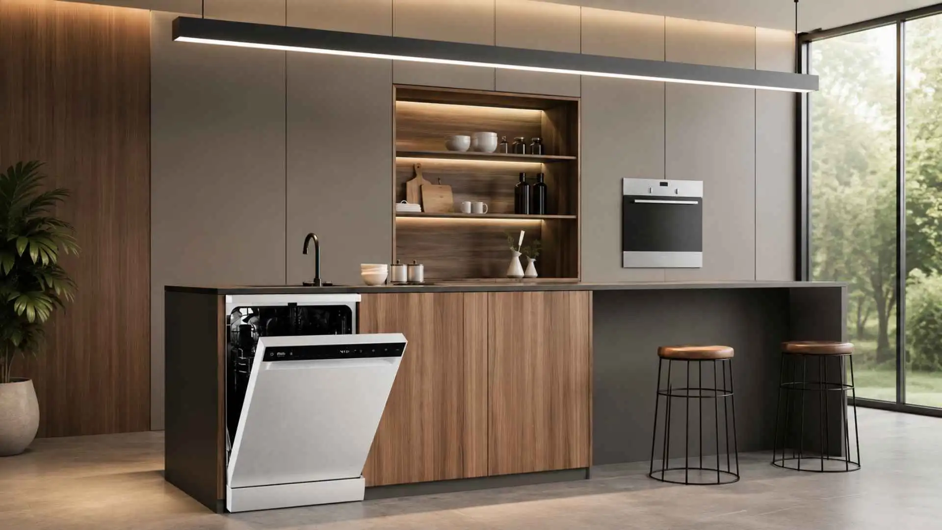 Lava-Louças EOS Premium AI 14 Serviços ELL142B branca instalada sob a bancada de uma cozinha planejada moderna com a porta aberta