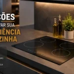 Bancada de cozinha moderna com um dos melhores cooktops de indução de 4 bocas ligado
