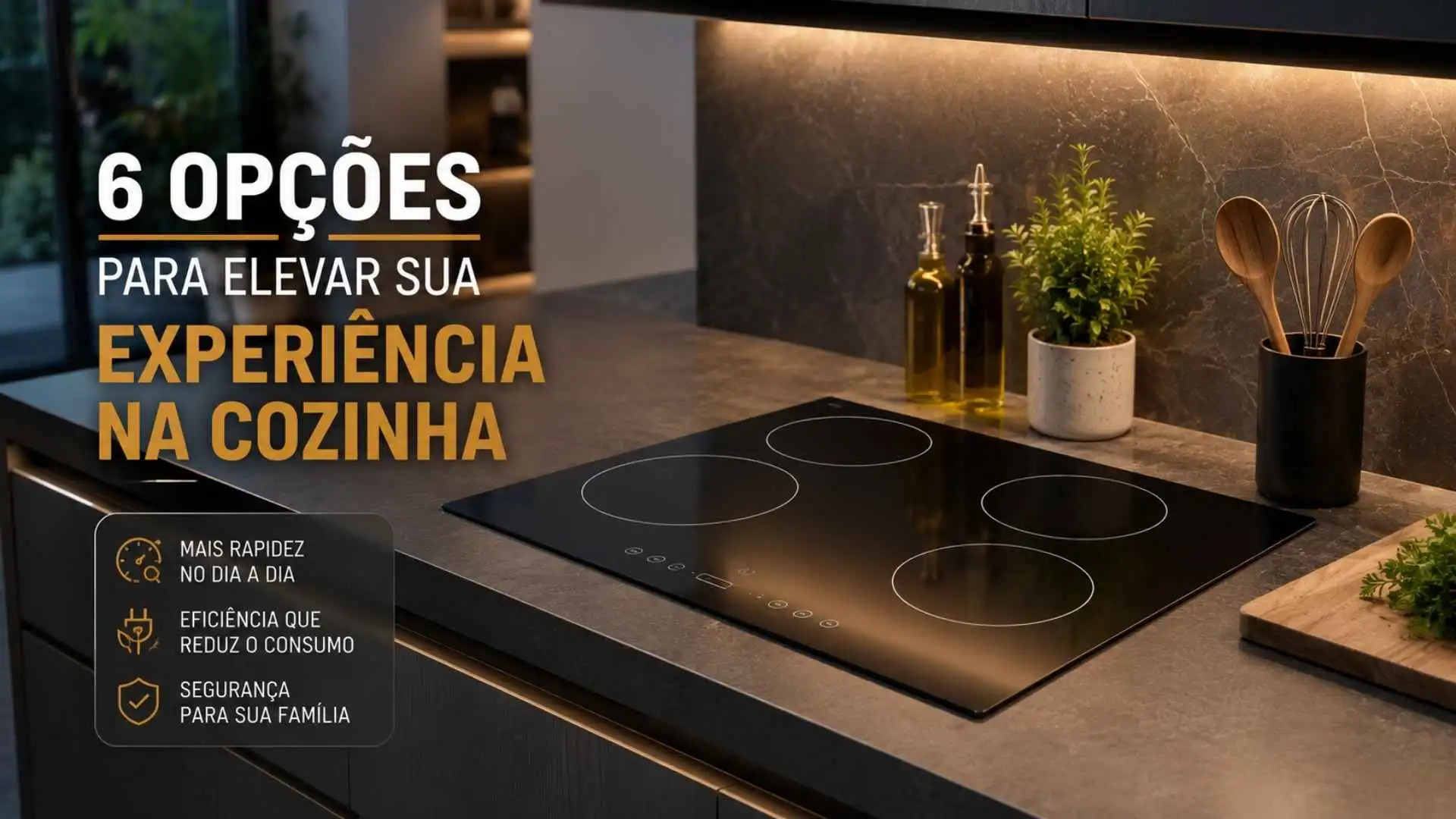 Bancada de cozinha moderna com um dos melhores cooktops de indução de 4 bocas ligado