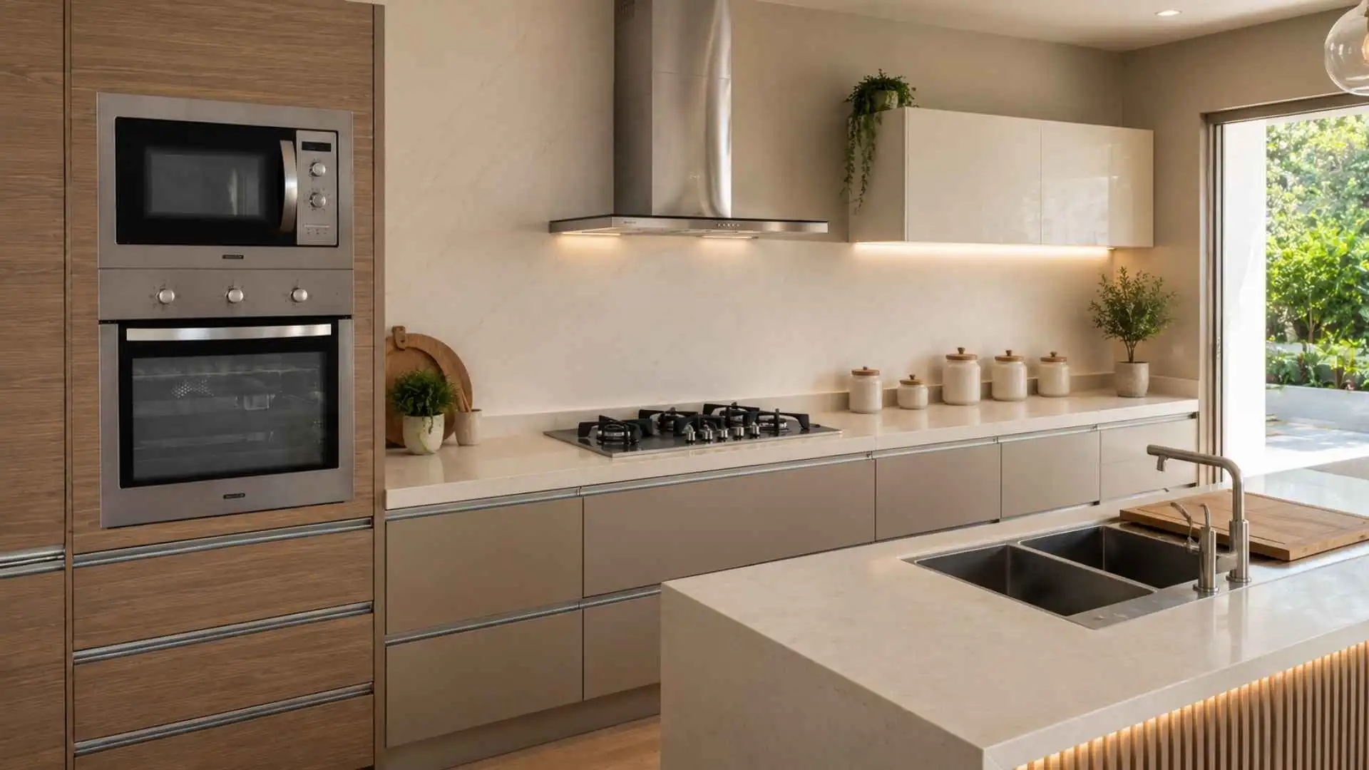 Micro-ondas de embutir Tramontina Inox 60 25L instalado na torre quente de uma cozinha planejada moderna