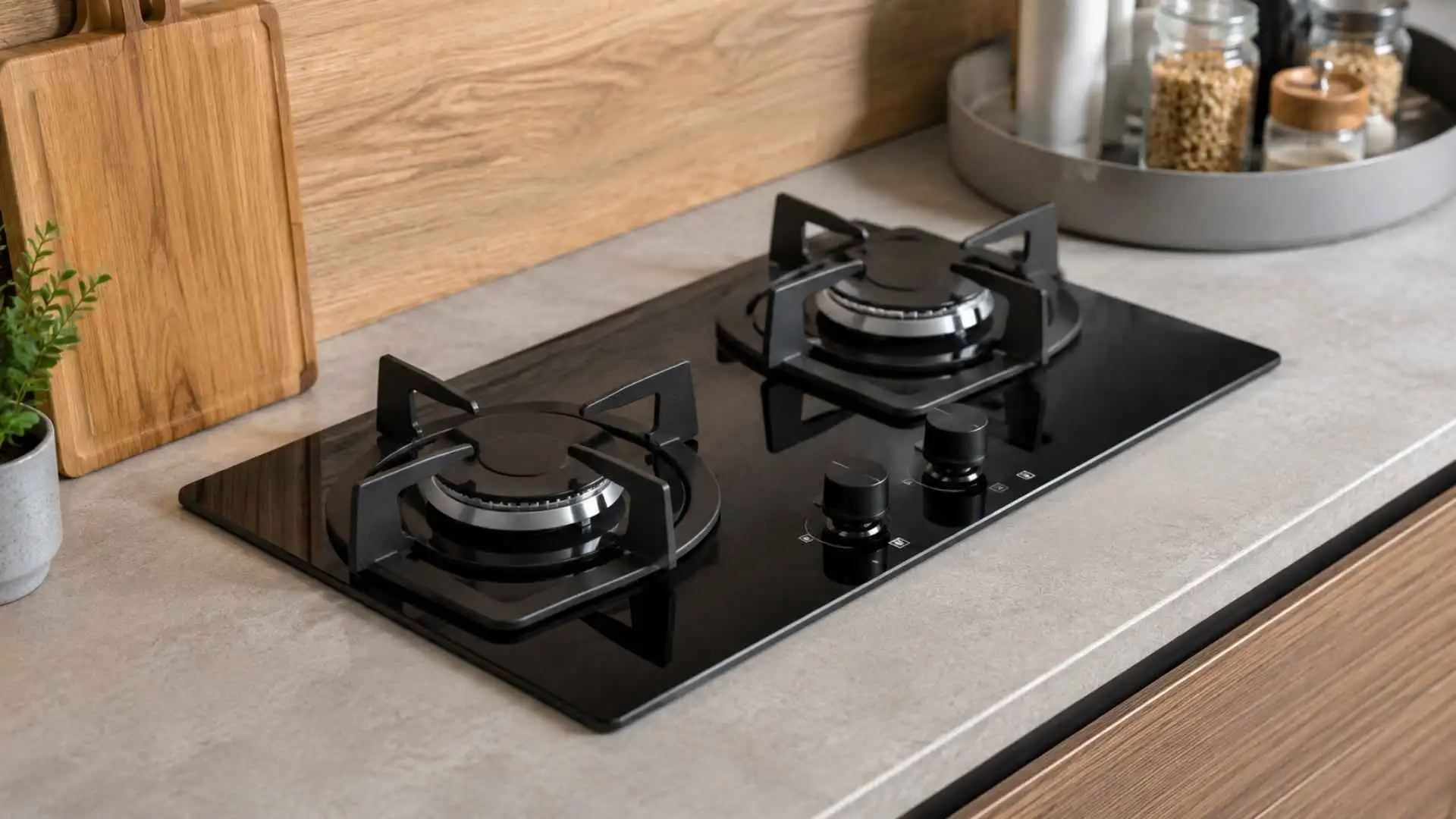 Cooktop 2 bocas a gás com mesa de vidro temperado preto instalado em uma bancada de cozinha de apartamento