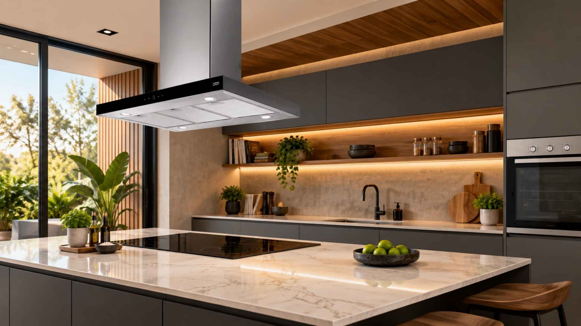 Coifa de Ilha Franke Línea Touch 90cm instalada sobre bancada central em cozinha moderna