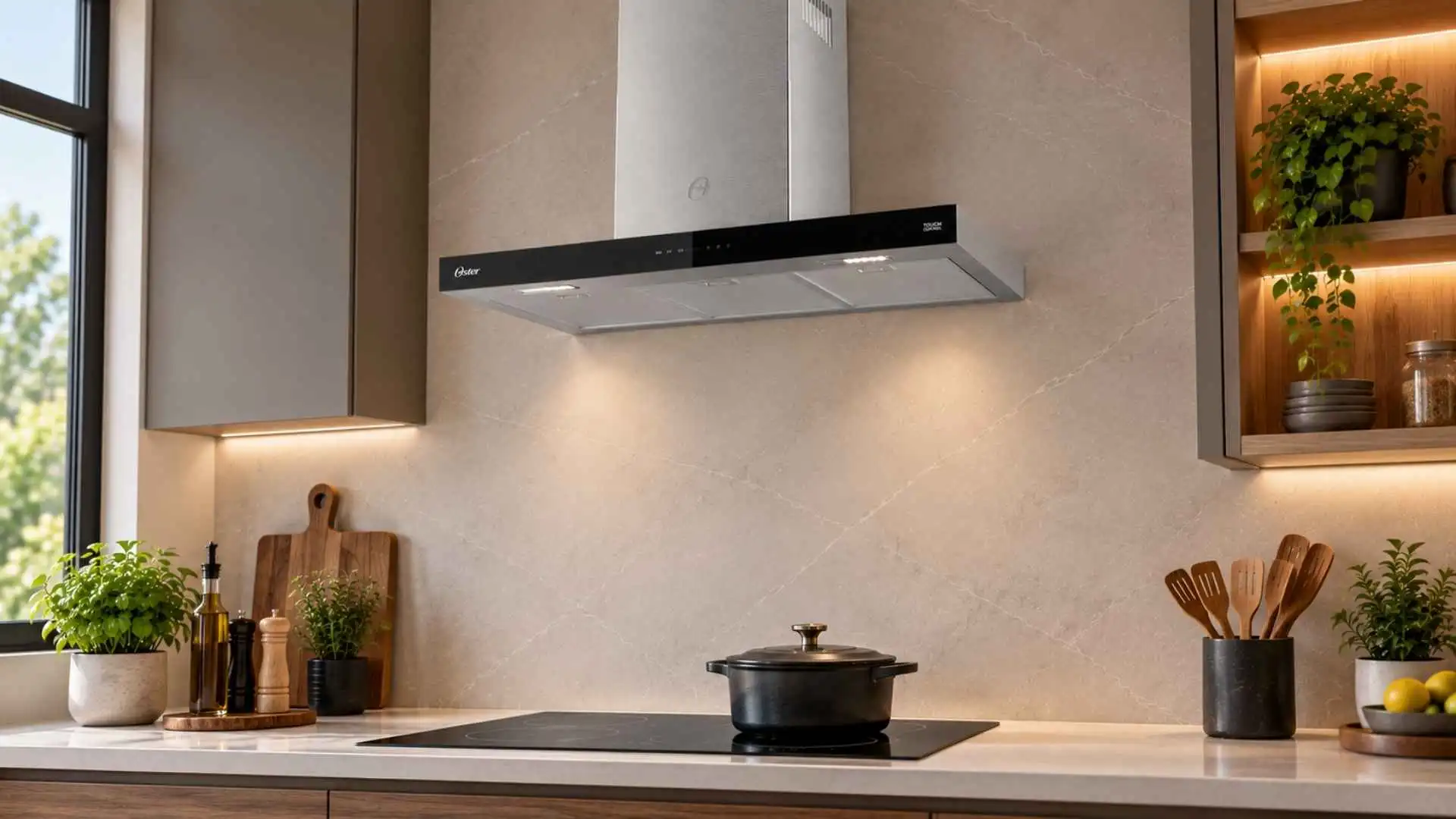 Coifa de Parede Oster Inox Touch Control 90cm instalada sobre bancada com iluminação de LED acesa em cozinha planejada