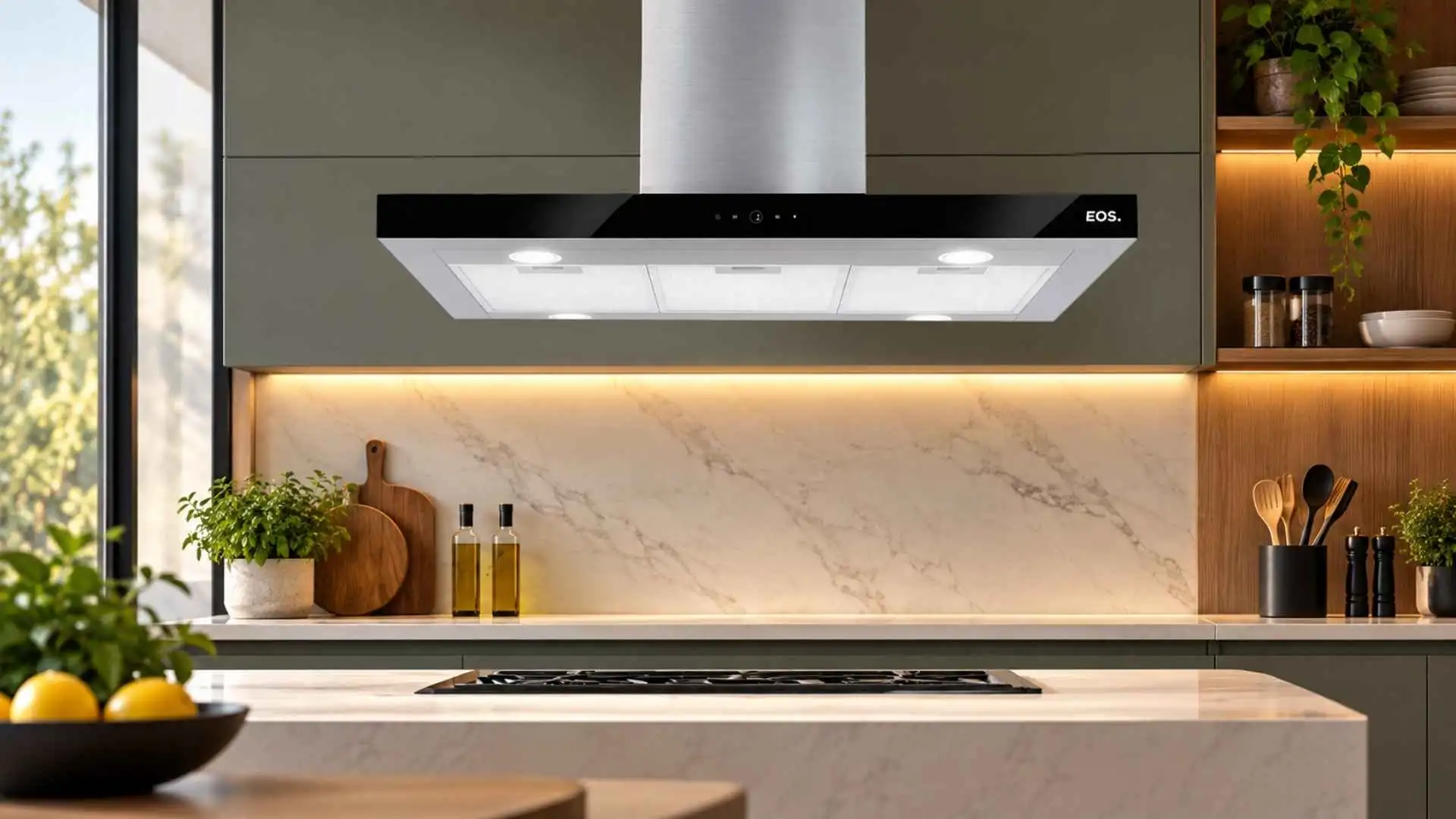 Coifa e depurador EOS ECO90ITD de ilha 90cm instalada sobre cooktop em bancada central de cozinha planejada