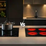 Comparação visual entre o funcionamento de um cooktop 4 bocas de indução (à esquerda) e um cooktop elétrico vitrocerâmico com as zonas de calor vermelhas acesas (à direita)