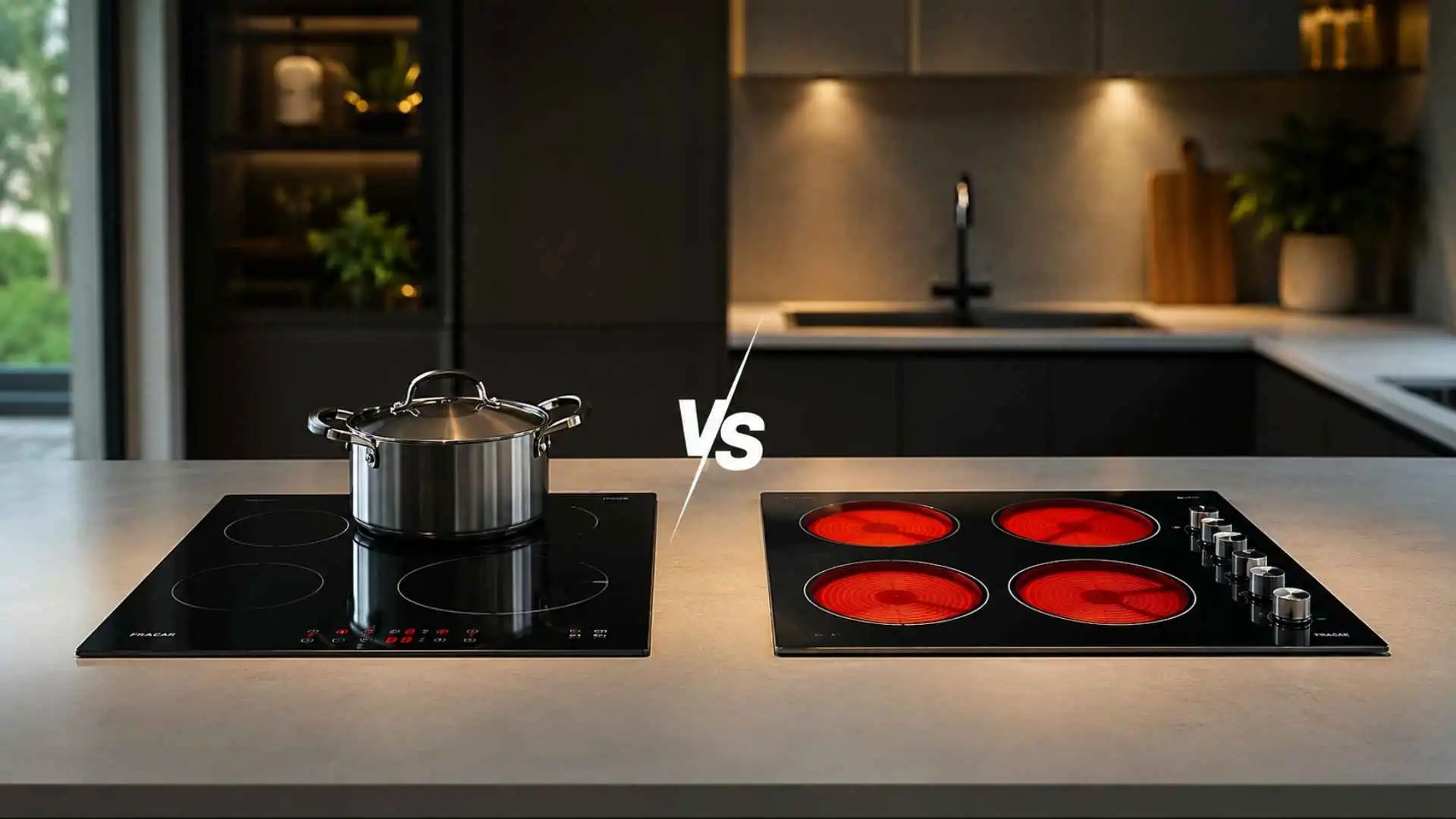 Comparação visual entre o funcionamento de um cooktop 4 bocas de indução (à esquerda) e um cooktop elétrico vitrocerâmico com as zonas de calor vermelhas acesas (à direita)