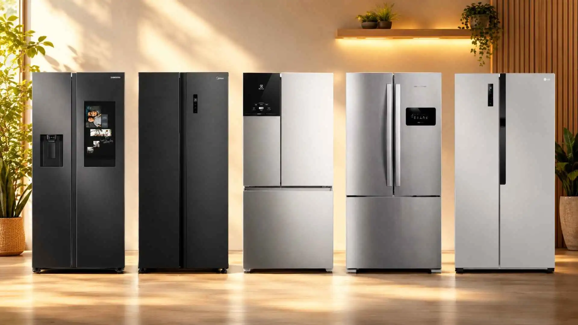 Alinhamento com cinco das melhores geladeiras side by side e french door em acabamento inox e preto posicionadas em uma cozinha moderna