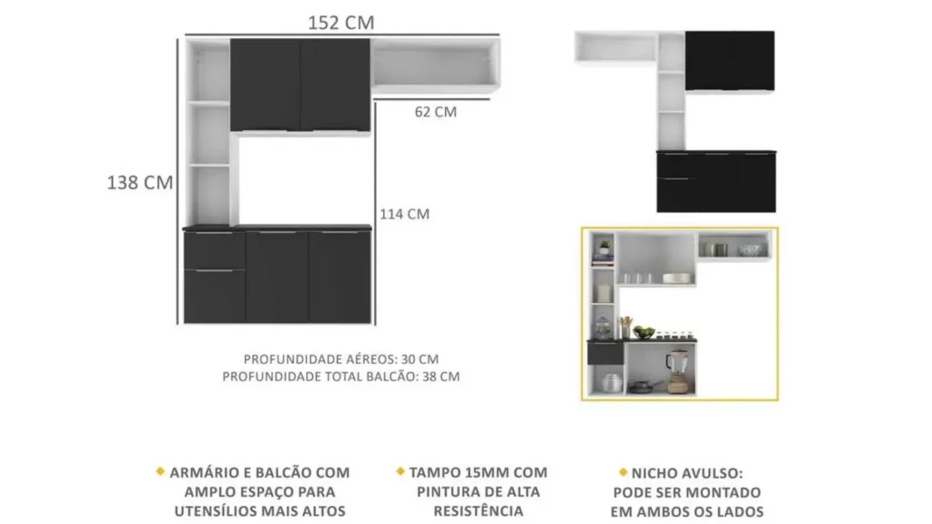 Armário de Cozinha Compacta e Balcão MP2001 Sofia Multimóveis