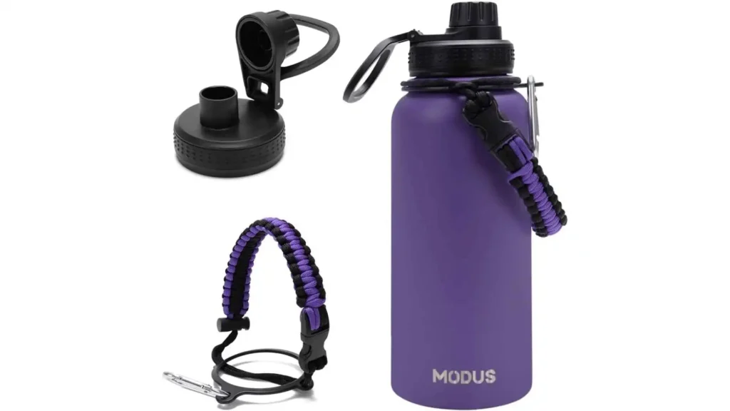 Garrafa térmica Modus 1000ml roxa com detalhe da tampa e alça de transporte.