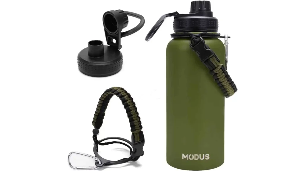 Garrafa térmica Modus 1000ml verde oliva com acessórios militares inclusos.