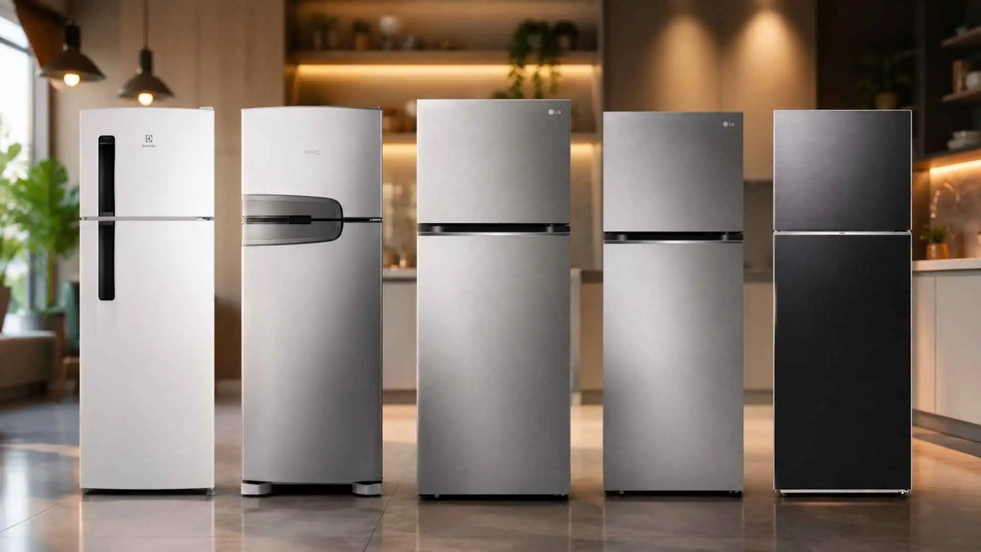 Comparativo com cinco modelos de geladeira frost free duplex alinhadas lado a lado em um cenário de cozinha moderna