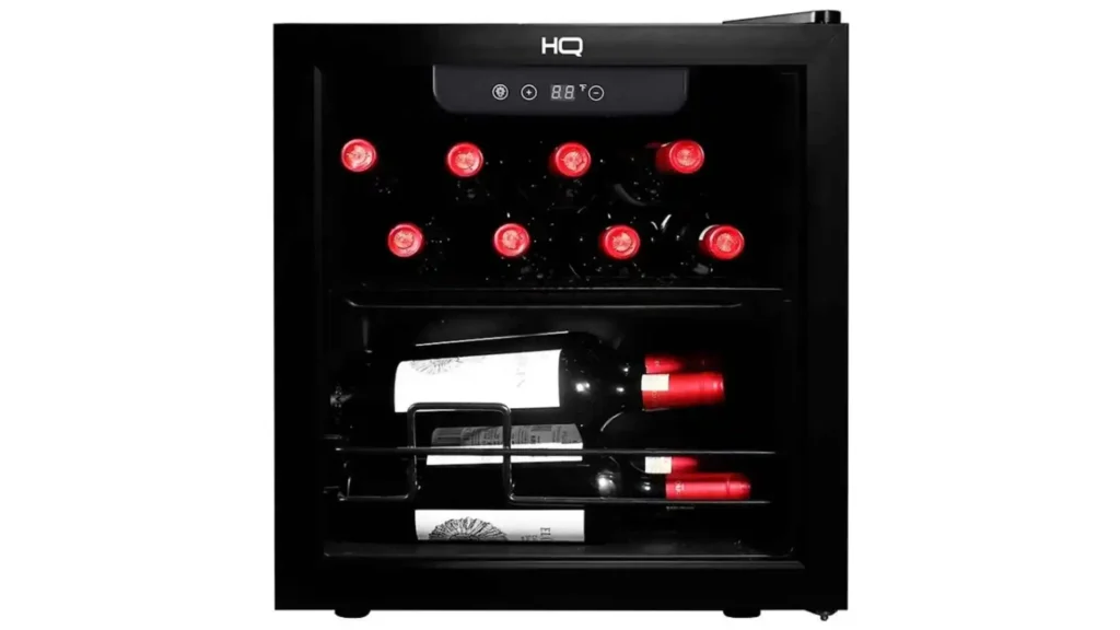 Adega de vinho HQ 12 garrafas aberta com garrafas armazenadas e luz interna ligada