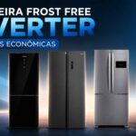 Banner digital apresentando as 5 melhores opções de geladeira frost free inverter alinhadas lado a lado, destacando os modelos mais econômicos com selo de eficiência energética