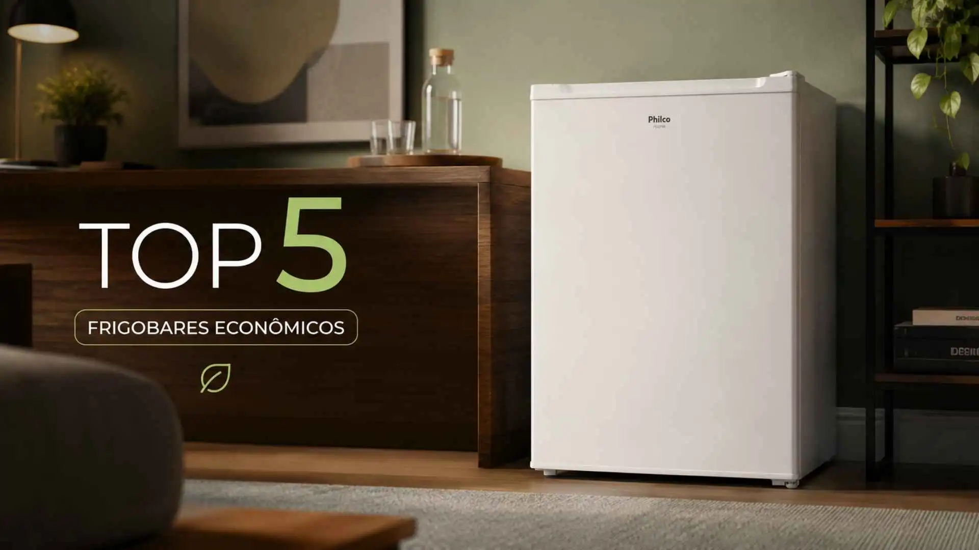 Infográfico exibindo o Top 5 com o melhor frigobar de 2026, destacando o modelo Philco 76L branco em um ambiente moderno