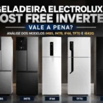 Infográfico mostrando 5 modelos da Geladeira Electrolux Frost Free Inverter alinhados na cozinha para o guia comparativo de modelos