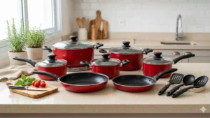 5 jogos de panelas bons e baratos sobre uma bancada de cozinha moderna