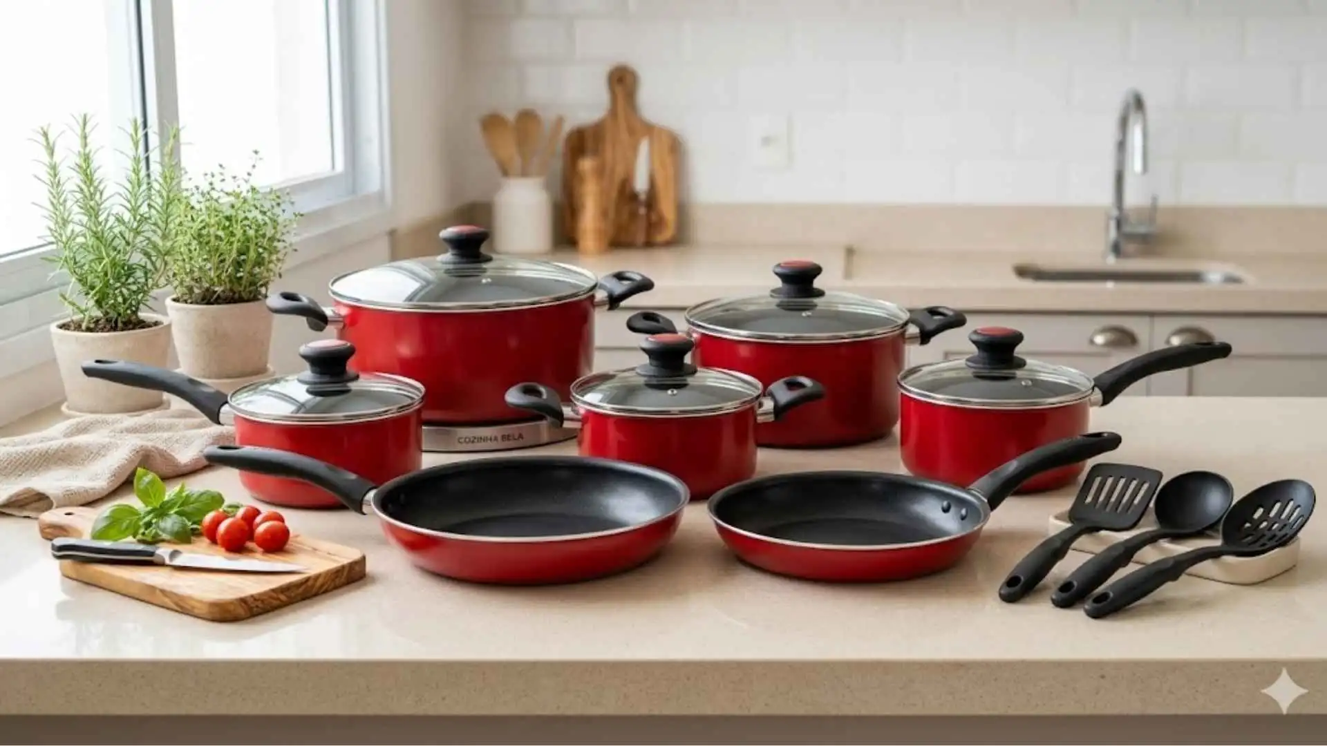 5 jogos de panelas bons e baratos sobre uma bancada de cozinha moderna