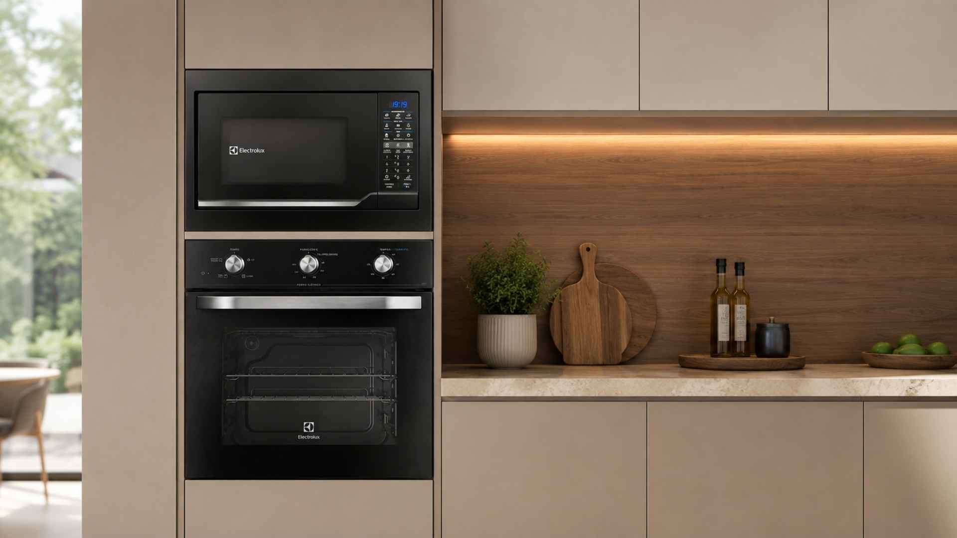 Micro-ondas de embutir Electrolux 34L ME3EP instalado na torre quente acima de um forno em uma cozinha planejada moderna