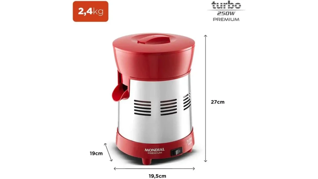 Espremedor de frutas Mondial Turbo Citrus Premium vermelho e inox com indicações de altura (22cm) e largura (16cm)