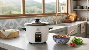 Prato de arroz soltinho servido ao lado da Panela de Arroz Elétrica Electrolux por Rita Lobo RCB50 em uma cozinha iluminada