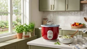 Panela de arroz Oster Facile vermelha sobre bancada de cozinha clara com prato de arroz soltinho ao lado
