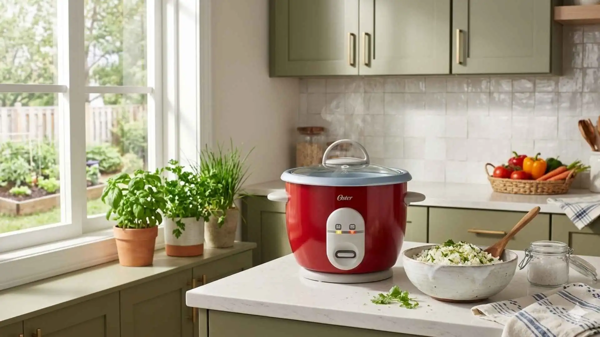 Panela de arroz Oster Facile vermelha sobre bancada de cozinha clara com prato de arroz soltinho ao lado
