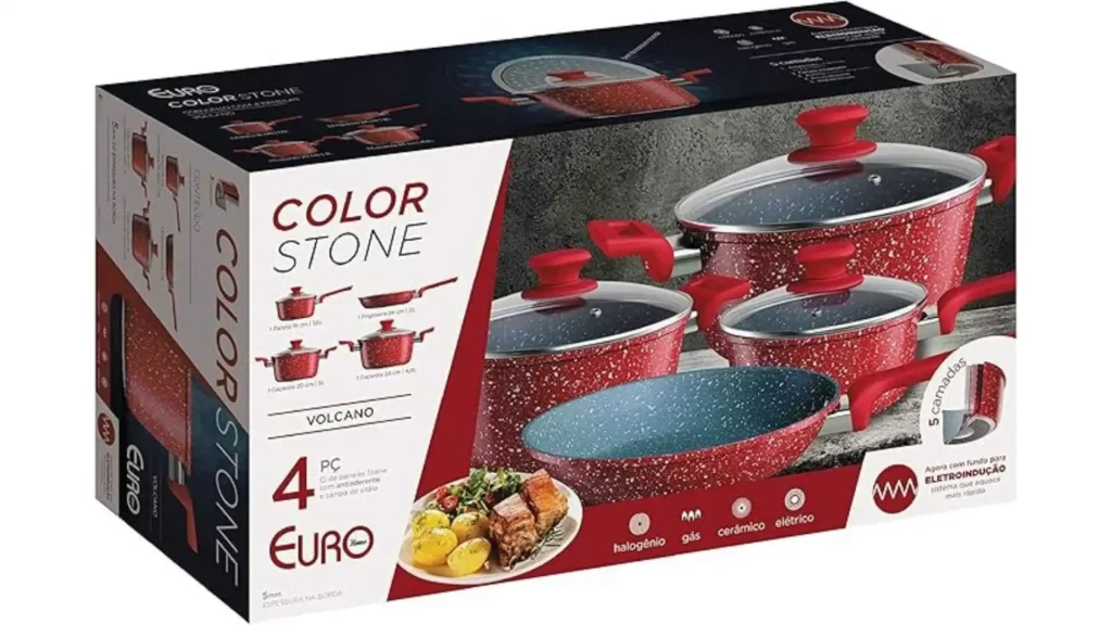 Embalagem original do Conjunto de panelas Euro Home ALU8709-VO ColorStone 4 peças