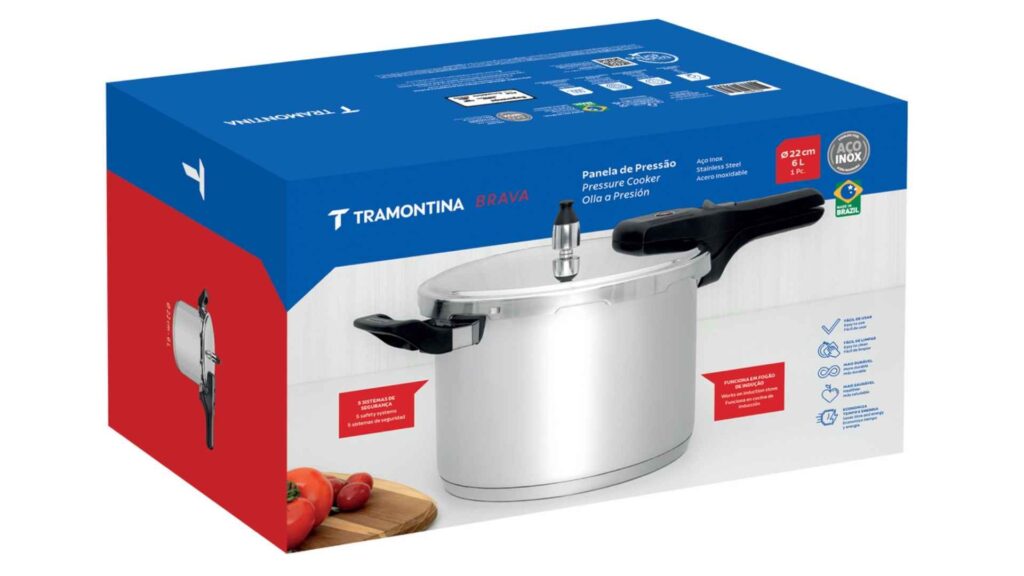Embalagem original da Panela de Pressão Tramontina Brava de 4,5 litros destacando selos de segurança