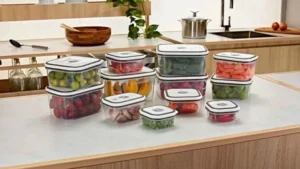 Conjunto de Potes Herméticos Electrolux com 12 peças organizados em uma bancada de cozinha com alimentos frescos