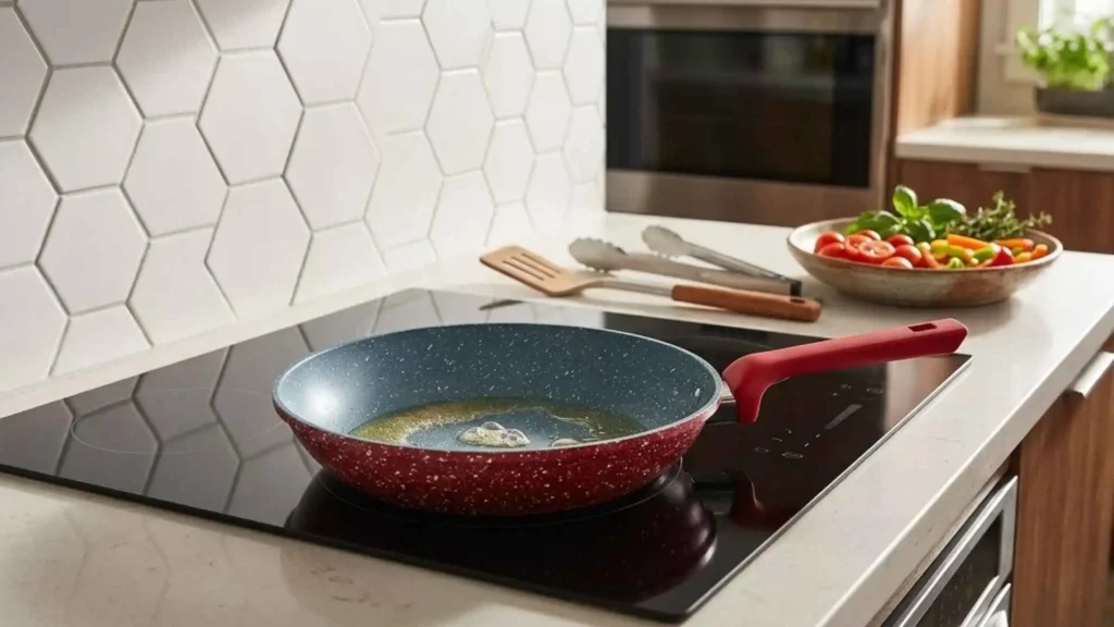 Detalhe da base de indução da frigideira ColorStone Volcano em um cooktop elétrico moderno
