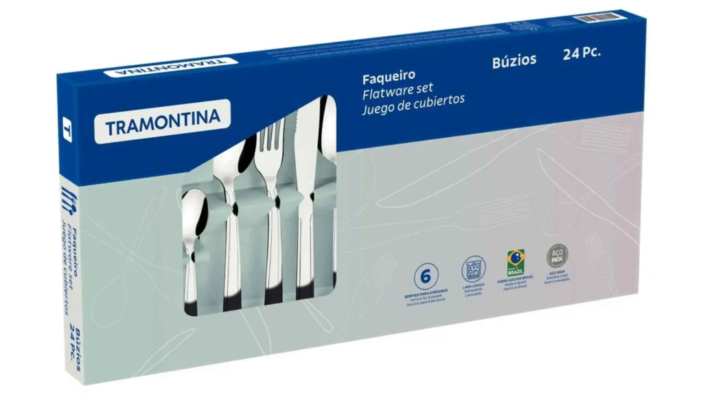 Embalagem original do Faqueiro Tramontina Búzios 24 peças destacando a marca e o modelo