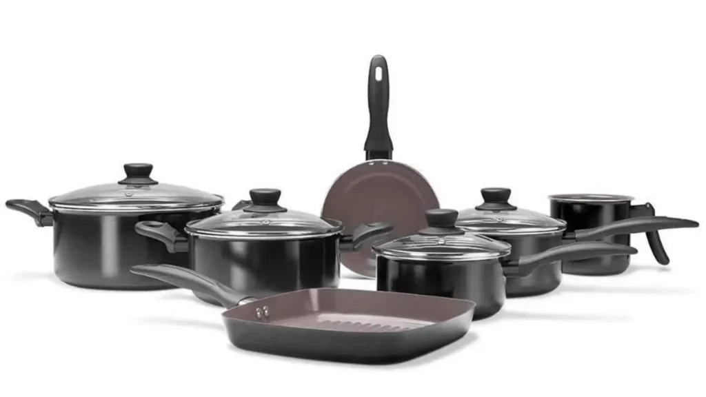 Jogo de panelas antiaderente Brinox Ceramic Life Easy preto com tampas de vidro temperado e saída de vapor