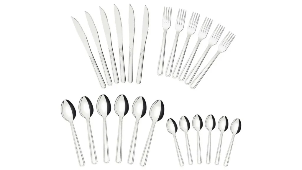 Jogo de talheres Tramontina Búzios completo com 24 peças dispostas em fundo branco