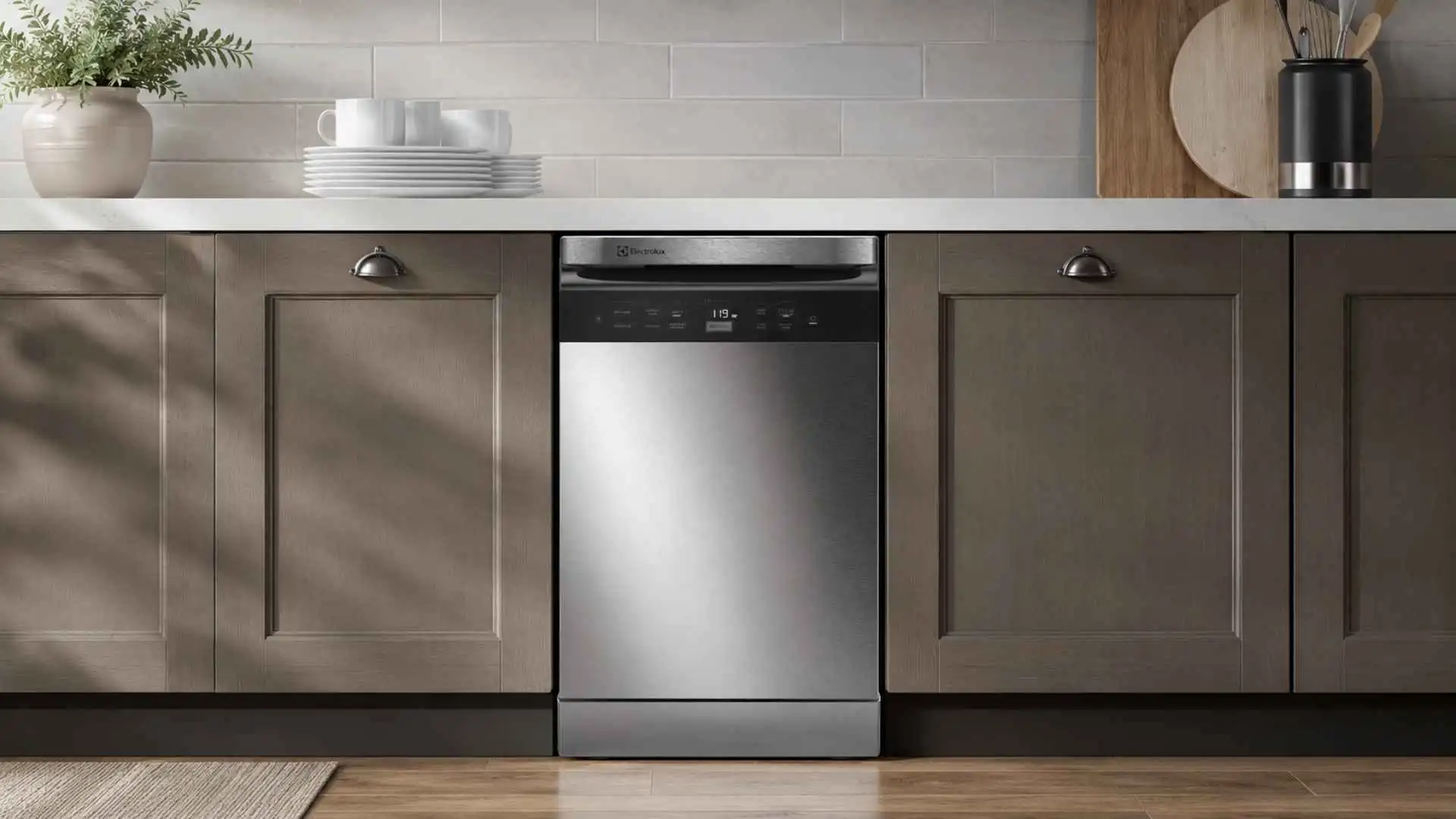Lava-louças 10 serviços Electrolux LL10X em aço inox instalada sob a bancada da cozinha planejada