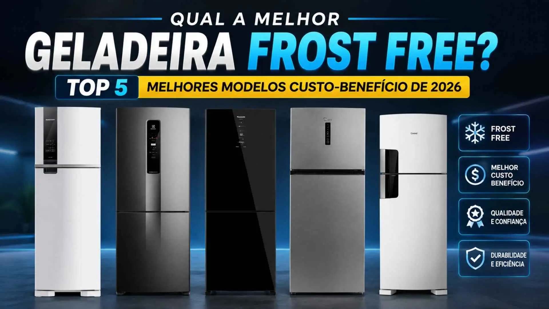 Uma seleção com cinco modelos das melhores opções de geladeira frost free alinhadas lado a lado em um fundo de cozinha moderna e tecnológica
