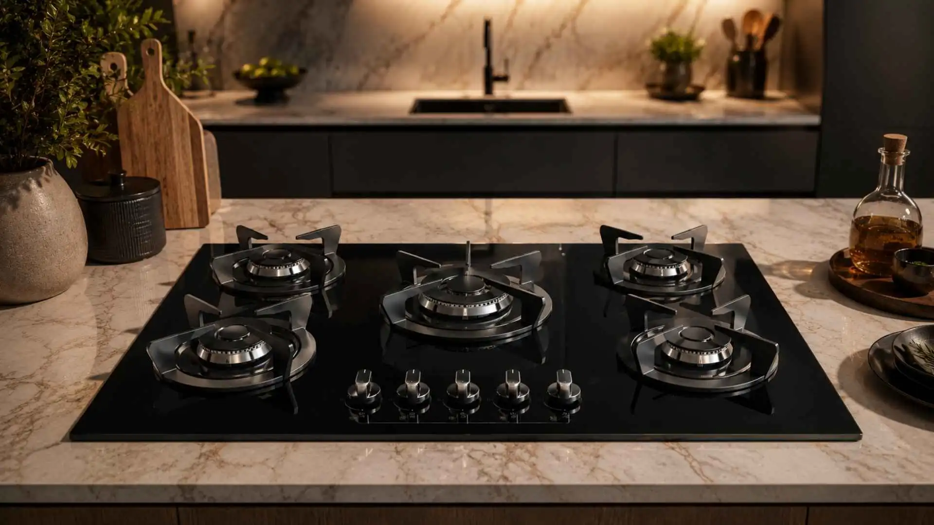 Cooktop 5 bocas em vidro preto instalado em bancada de cozinha planejada